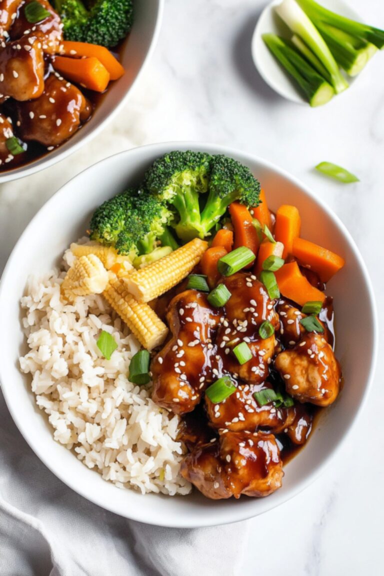A close-up of a bowl featuring glazed sesame chicken, white rice, and steamed broccoli, garnished with sesame seeds and green onions for extra flavor.