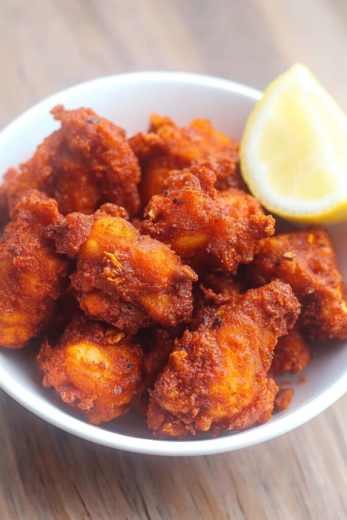 A bowl of perfectly spiced, deep-fried chicken pieces, garnished with lemon and fresh herbs.