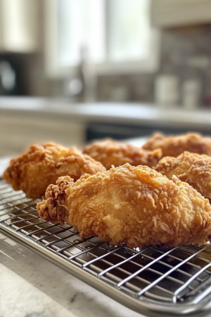 Close-up of crispy 11-hour fried chicken resting on a cooling rack, showing a golden-brown, crunchy coating.
