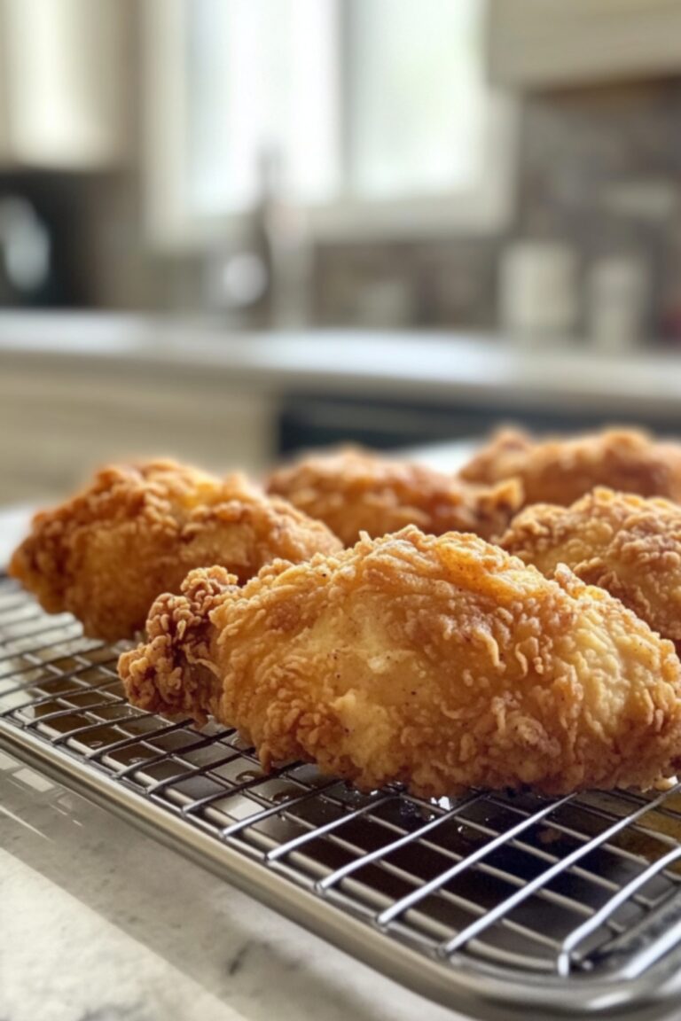 Close-up of crispy 11-hour fried chicken resting on a cooling rack, showing a golden-brown, crunchy coating.