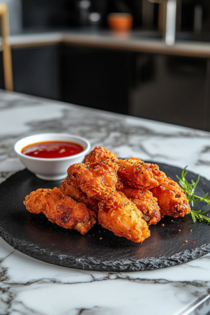 Golden brown crispy fried chicken pieces on a black slate plate, served with a bowl of ketchup and fresh tomatoes in the background.