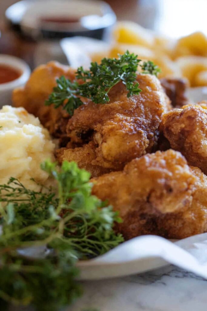 A plate of crispy, golden-brown fried chicken drumsticks, garnished with fresh parsley and served with classic side dishes.