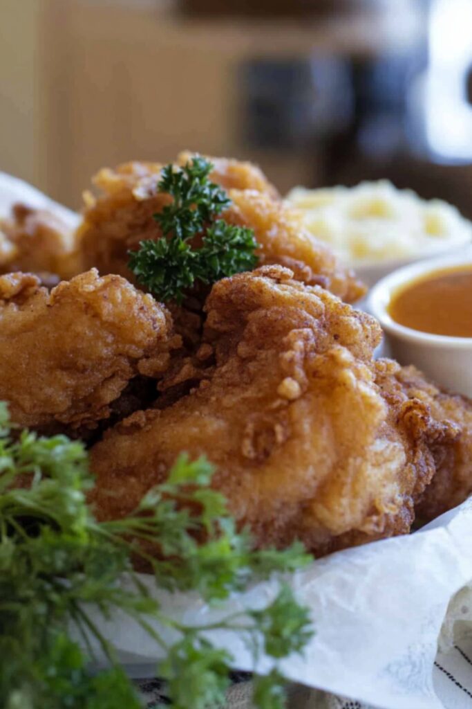 A plate of crispy fried chicken served with mashed potatoes, garnished with fresh parsley for a vintage-style meal.