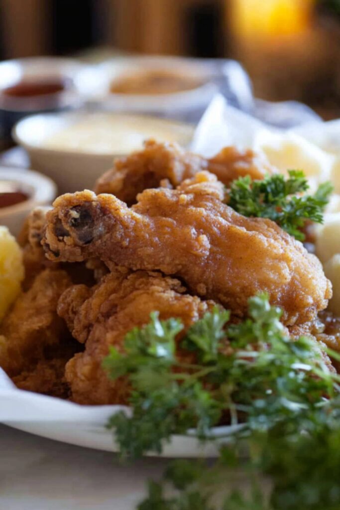 Crispy fried chicken pieces served with a side of dipping sauce, mashed potatoes, and fresh parsley garnish.