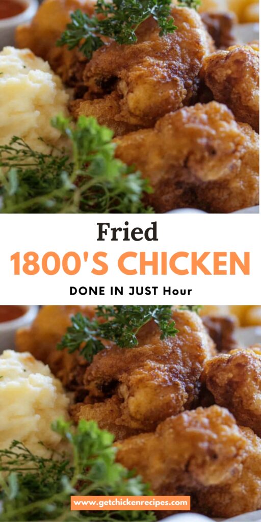Close-up of crispy 1800’s fried chicken with a text overlay showcasing the recipe’s quick preparation time.