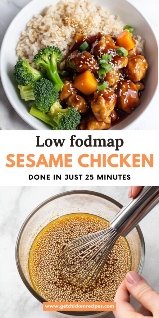 A promotional image showing a bowl of low FODMAP sesame chicken with rice and vegetables, alongside a whisked sesame sauce, highlighting the quick 25-minute recipe.
