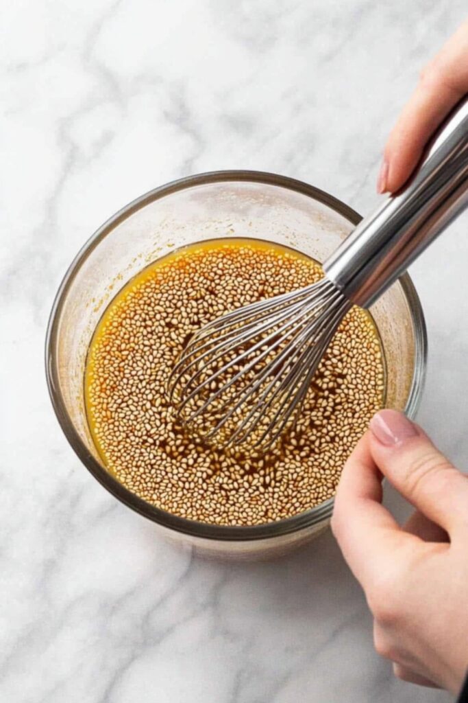 A glass bowl filled with homemade sesame sauce, whisked together with soy sauce, brown sugar, and sesame seeds, for a flavorful low FODMAP sesame chicken recipe.