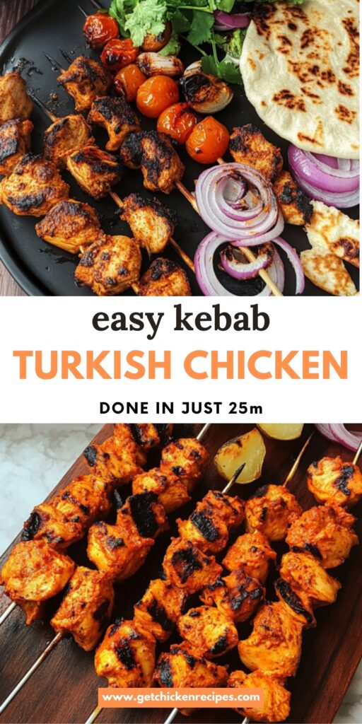 A delicious plate of Turkish chicken kebabs with grilled vegetables, fresh herbs, and flatbread, with text overlay highlighting the quick and easy recipe.