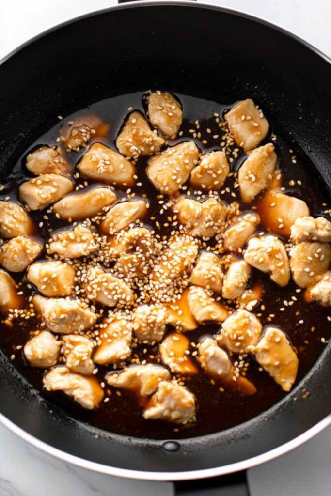 Golden brown chicken pieces simmering in a rich, glossy sesame sauce with toasted sesame seeds in a black skillet.