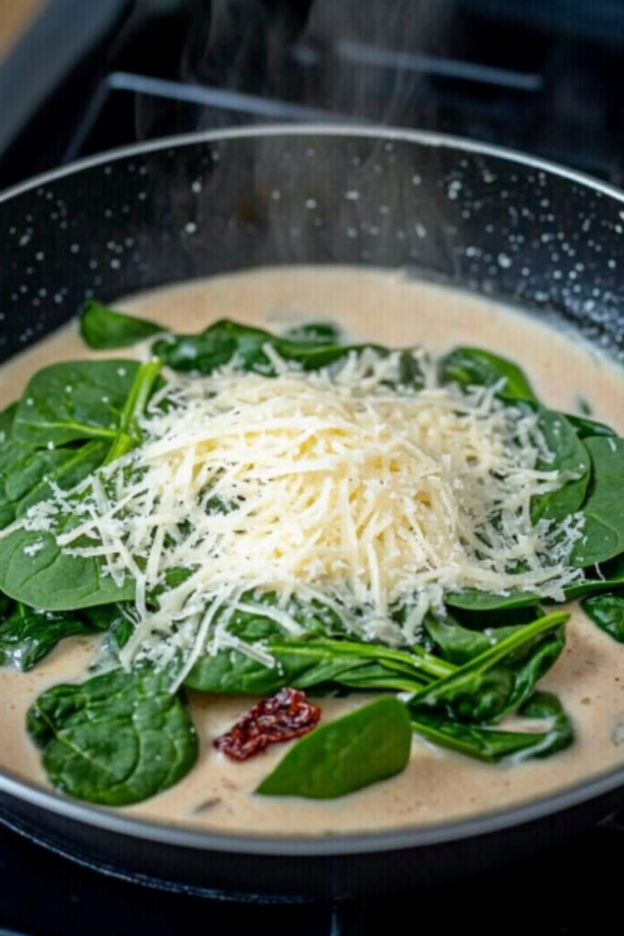 step 4: Add in the grated parmesan cheese and spinach