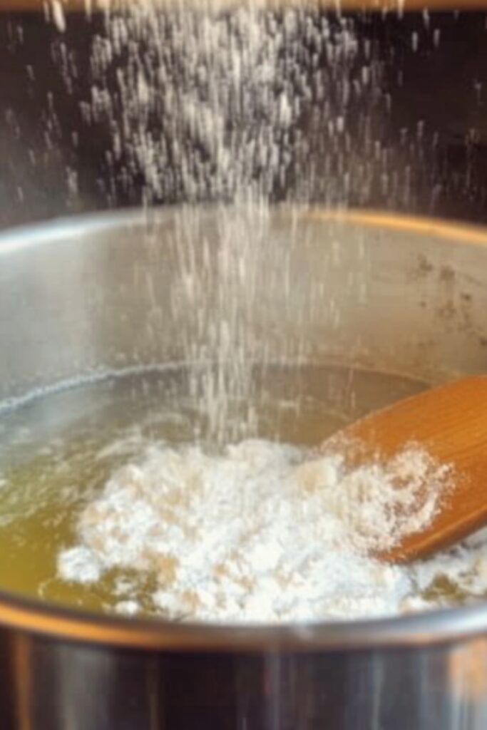 step 2: Sprinkle in the flour, and mix well. This makes a roux, which will thicken the gravy