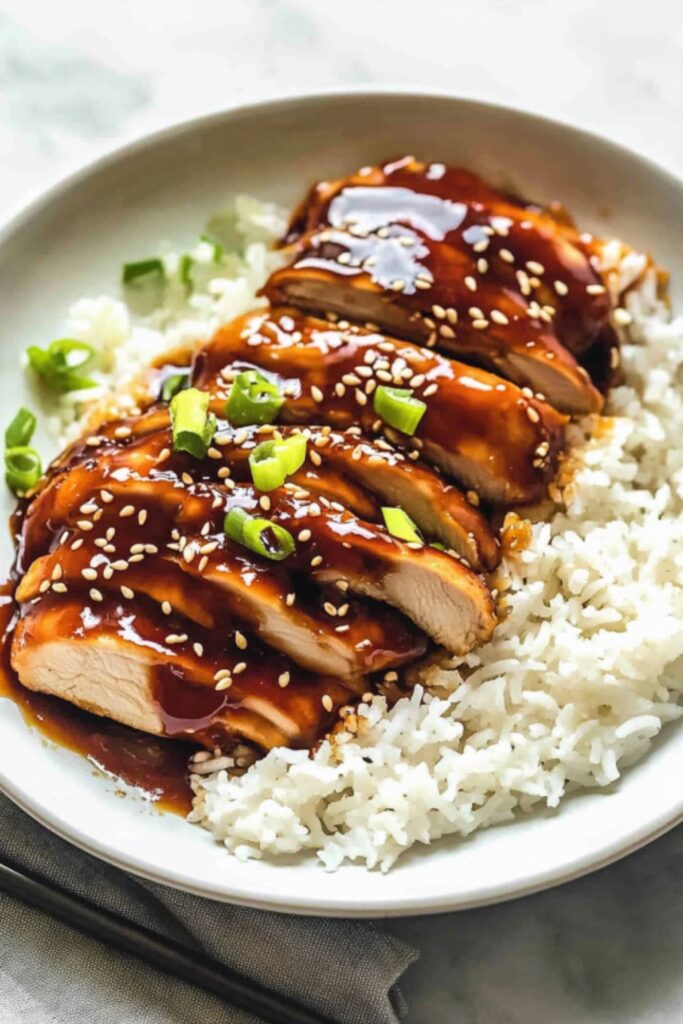Close-up of sliced baked teriyaki chicken breast coated in thick sauce, sprinkled with sesame seeds and chopped green onions, served over steamed white rice with chopsticks on the side.