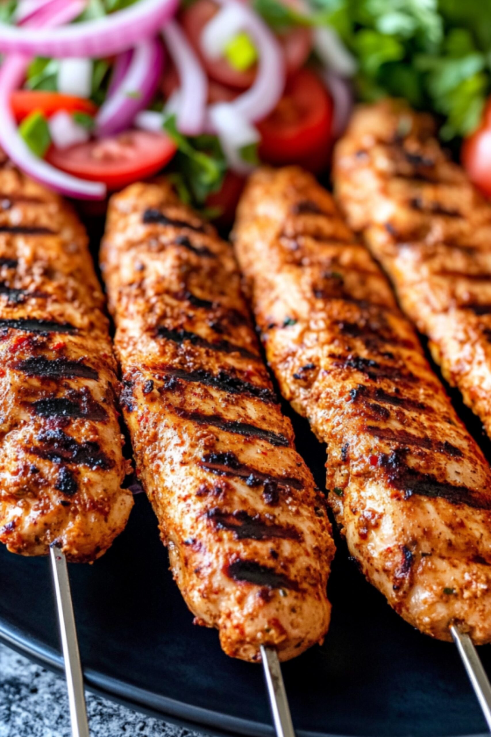 Four grilled chicken Adana kebabs with a golden-brown crust, served with tomatoes, red onions, and fresh parsley.