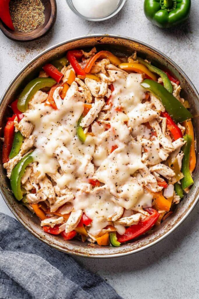 A top-down view of a skillet filled with shredded chicken, colorful bell peppers, and melted cheese, seasoned with herbs and spices.