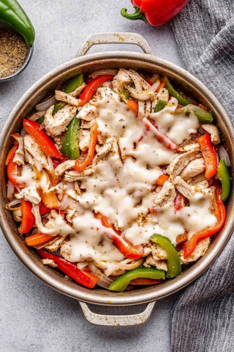 A close-up of a skillet filled with sautéed chicken, bell peppers, onions, and melted cheese, seasoned to perfection.
