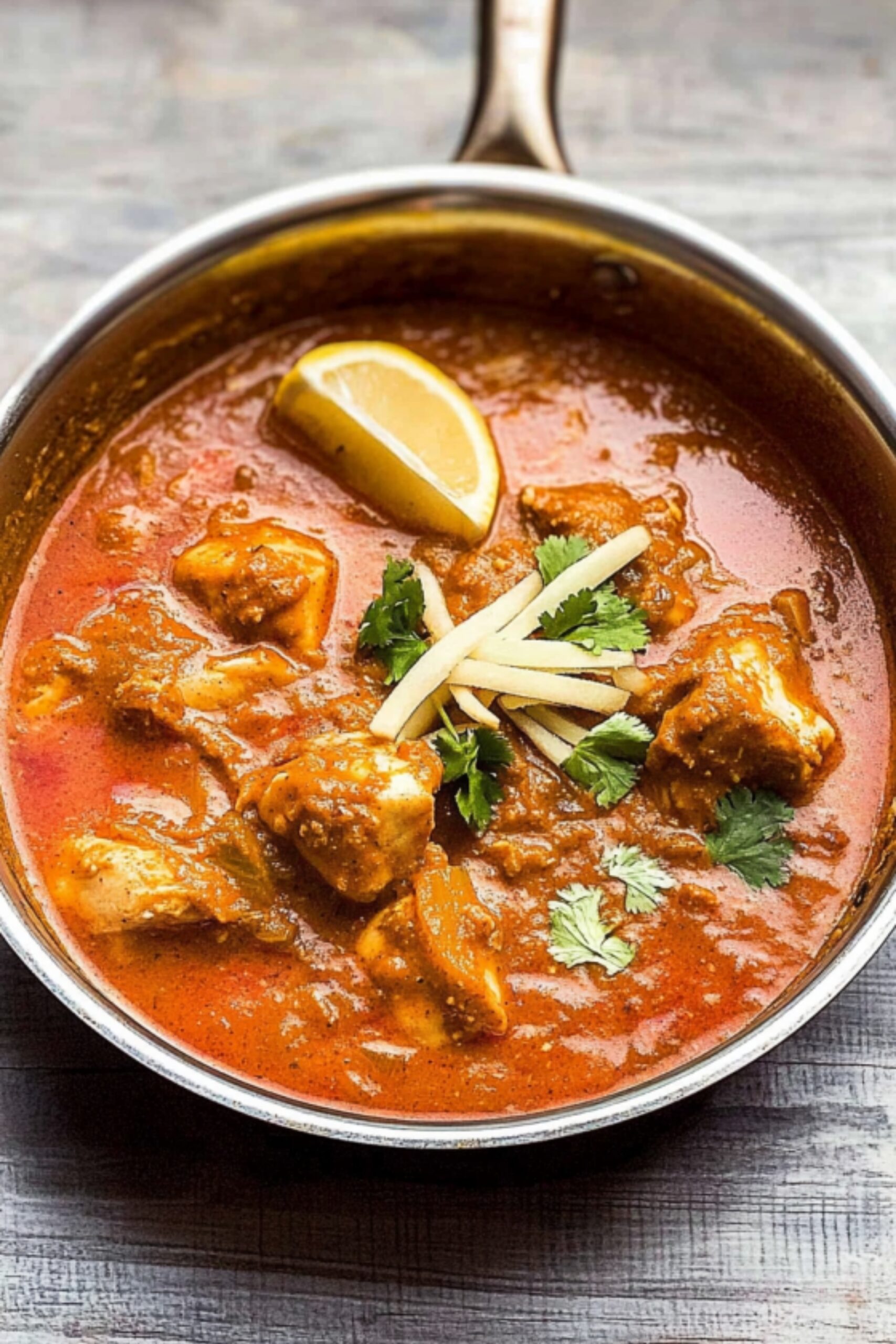 Spicy chicken nihari served in a pot with fresh coriander, julienned ginger, and a lemon wedge on top
