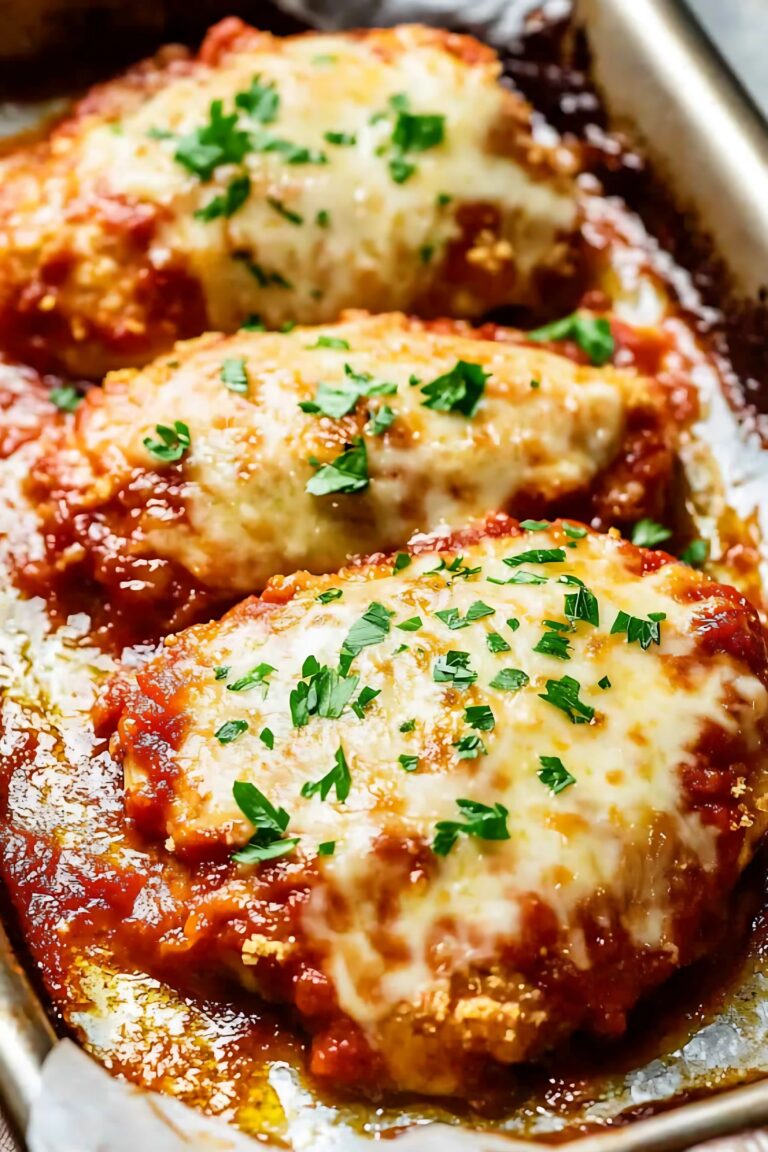 Baked chicken parmesan with golden melted cheese and fresh parsley garnish in a baking dish.