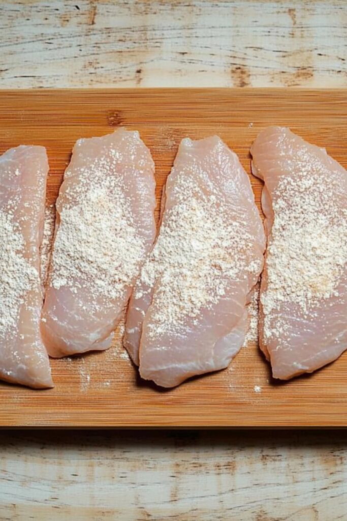 Raw chicken breast strips lightly coated with flour on a wooden cutting board.