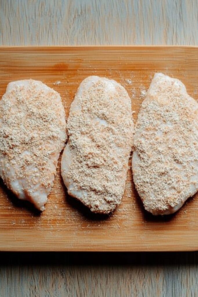 Raw chicken breasts coated in whole-grain breading on a wooden cutting board, ready for baking.