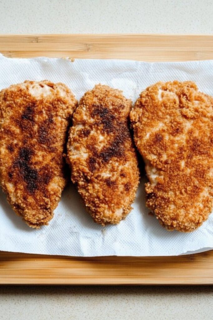 Golden brown, crispy breaded chicken breasts resting on a paper towel after baking.