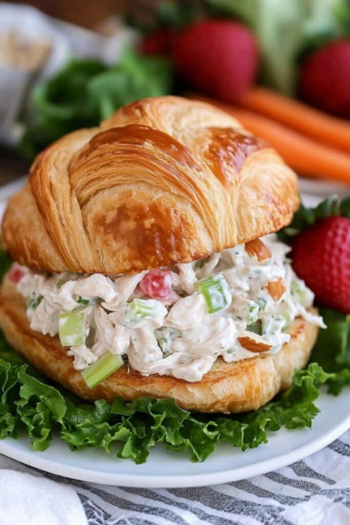 Close-up of a chicken salad croissant sandwich filled with creamy chicken, celery, and almonds garnished with lettuce
