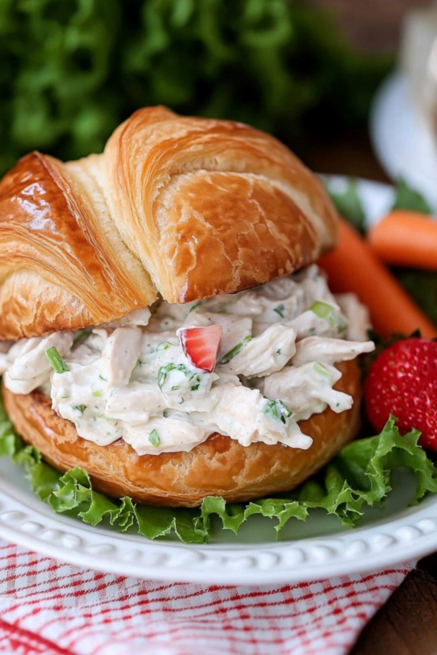 Chicken salad sandwich served on a croissant with lettuce and strawberries on a white plate