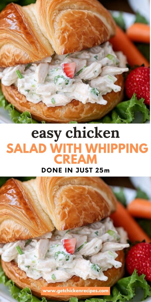 Flaky croissant sandwich filled with creamy chicken salad made with whipping cream, celery, and fresh herbs