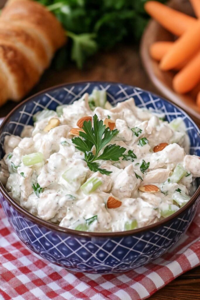 A blue bowl filled with creamy chicken salad mixed with celery, fresh parsley, and crunchy almonds
