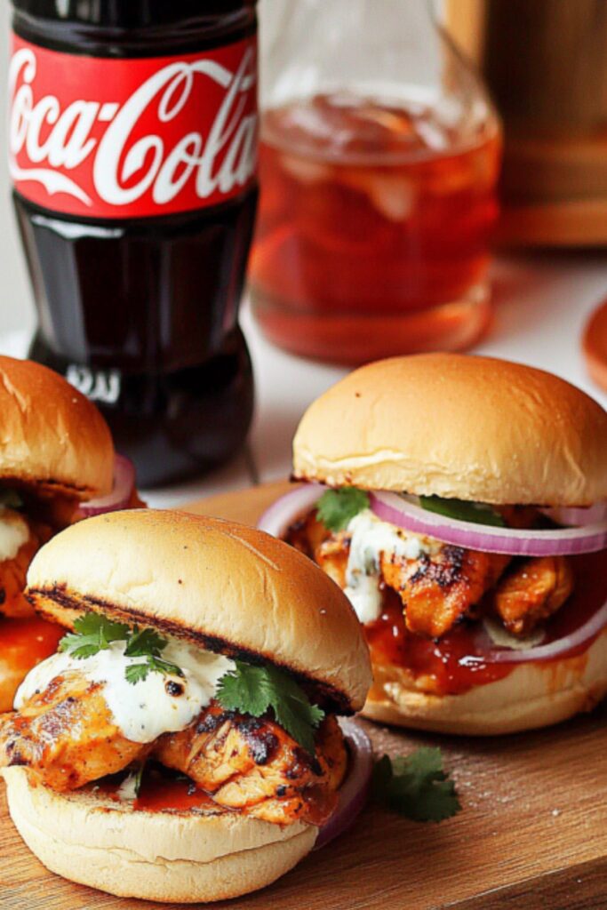 Chicken tikka sliders with creamy sauce, cilantro, and onions served alongside a Coke bottle on a wooden board.