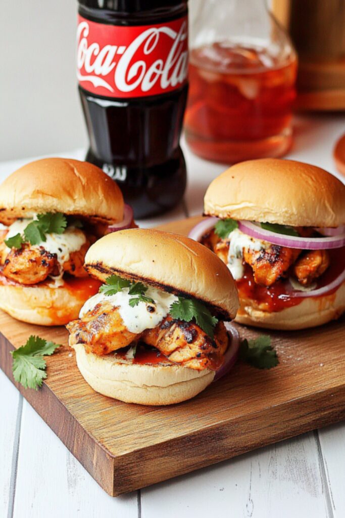 Close-up of grilled chicken tikka sliders topped with cilantro, onions, and creamy sauce served with a Coke bottle in the background.