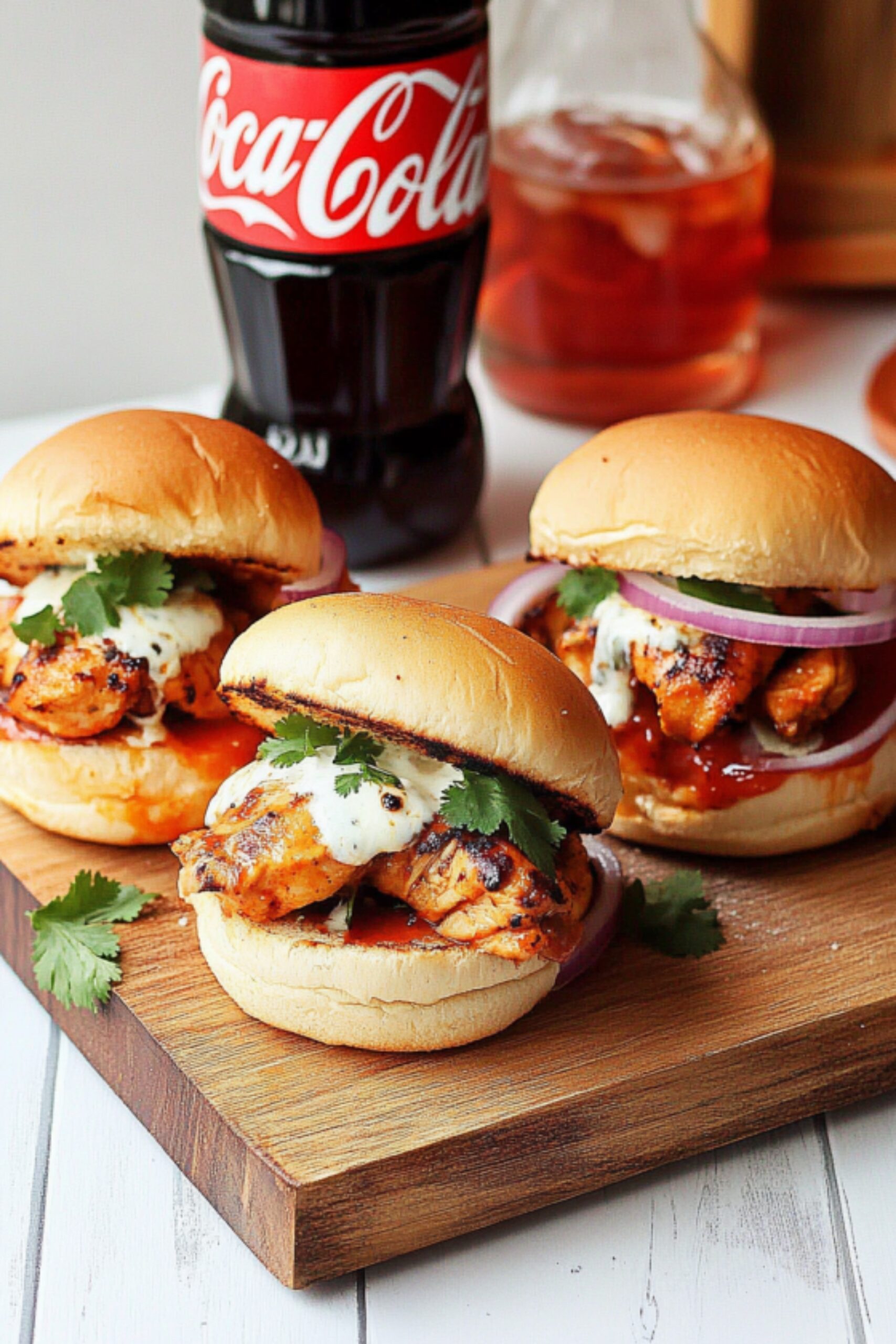 Close-up of grilled chicken tikka sliders topped with cilantro, onions, and creamy sauce served with a Coke bottle in the background.