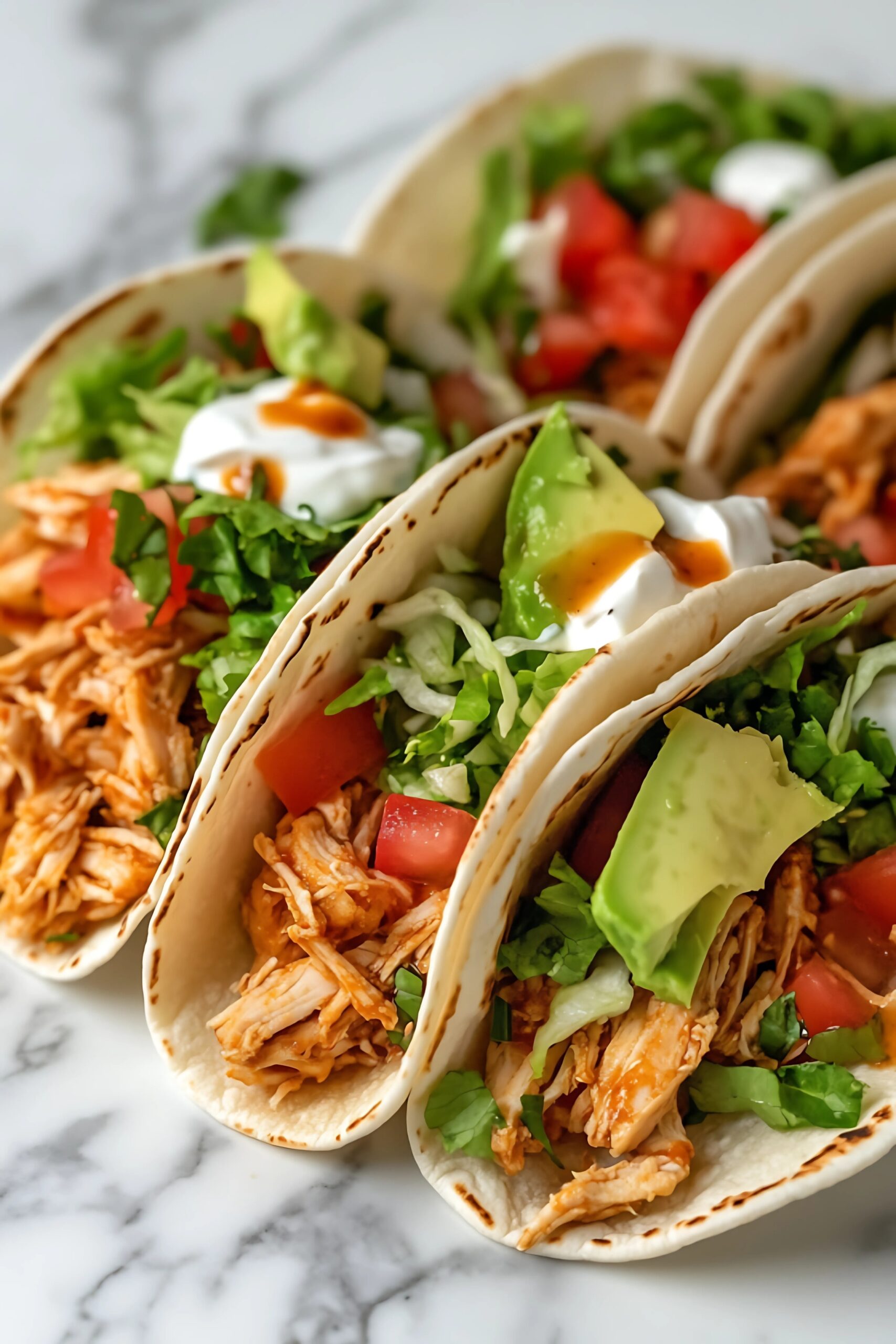 Three soft tacos filled with shredded leftover chicken, lettuce, diced tomatoes, avocado slices, and sour cream on a marble countertop.