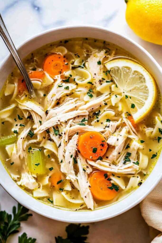 An overhead view of a bowl of diabetic-friendly chicken noodle soup with shredded chicken, low-carb noodles, carrots, celery, and a lemon wedge.