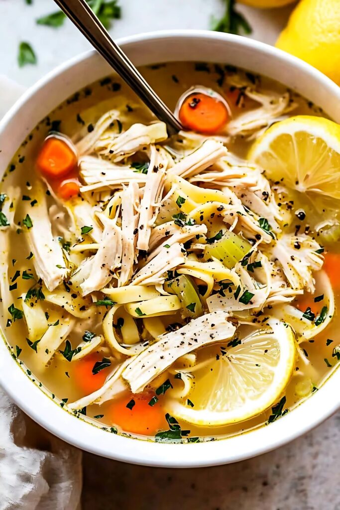 A close-up of a bowl of diabetic-friendly chicken noodle soup with shredded chicken, low-carb noodles, carrots, celery, and fresh parsley, garnished with a lemon wedge.