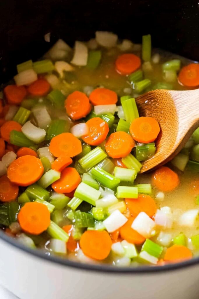 A pot filled with diced carrots, celery, and onions being sautéed in olive oil with a wooden spoon.
