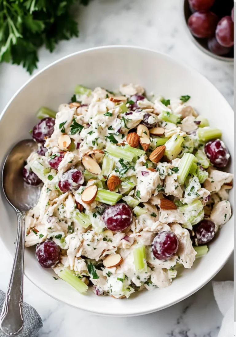 Bowl of chicken salad with red grapes, celery, almonds, and fresh herbs ready to serve