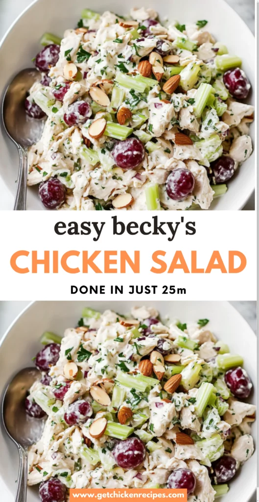 Easy Becky’s Chicken Salad with red grapes, celery, and almonds, topped with fresh herbs and served in a white bowl