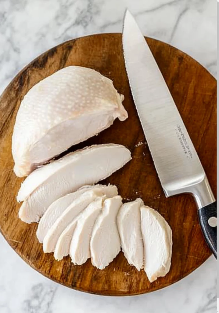 Cooked chicken breast being sliced on a wooden cutting board with a sharp knife
