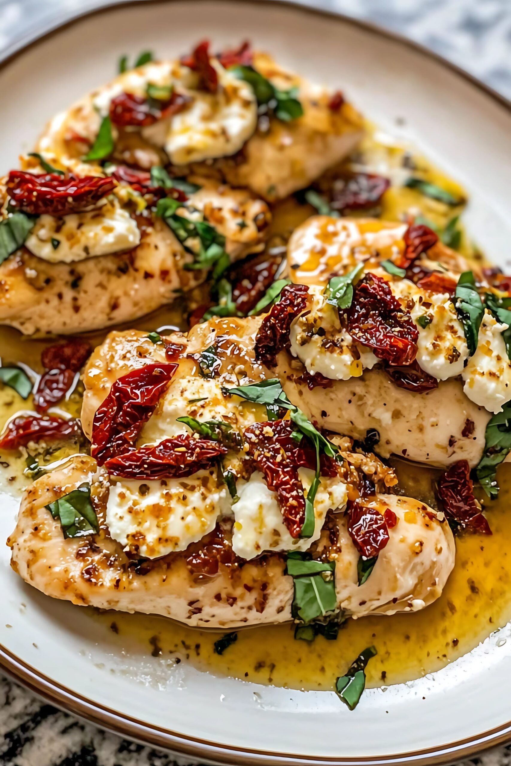 Close-up of Chicken Bryan served with sun-dried tomatoes, melted goat cheese, and fresh basil garnish