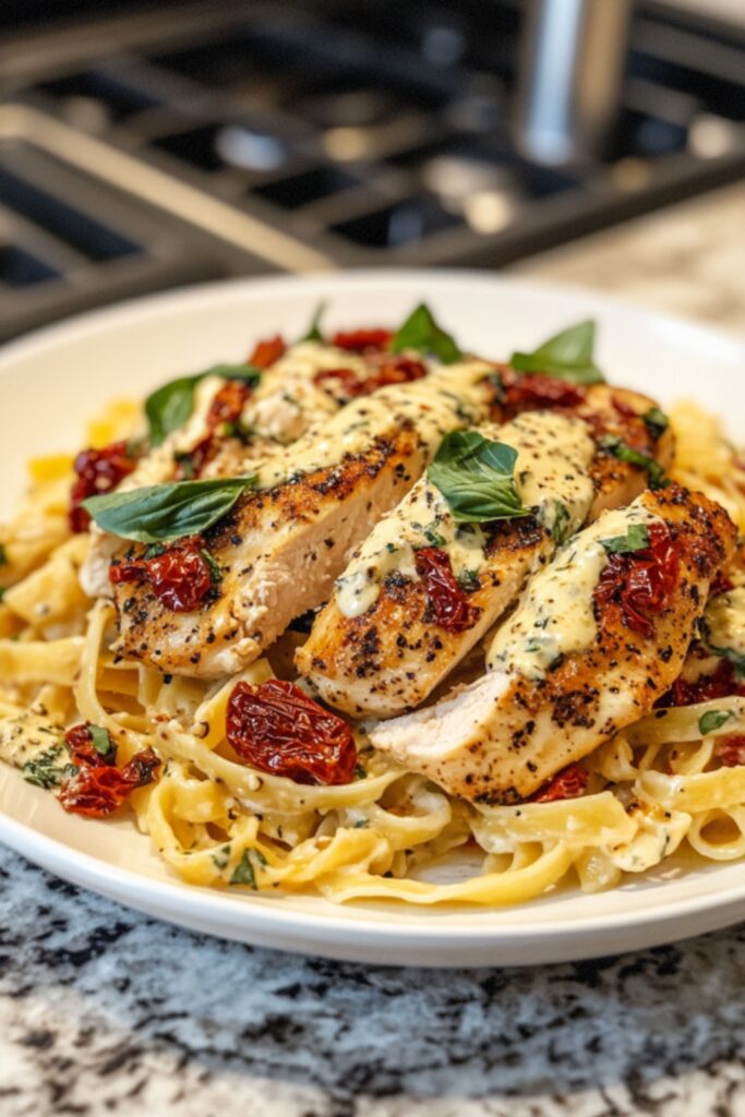 Grilled chicken breasts topped with creamy goat cheese sauce, sun-dried tomatoes, and fresh basil served over fettuccine pasta.