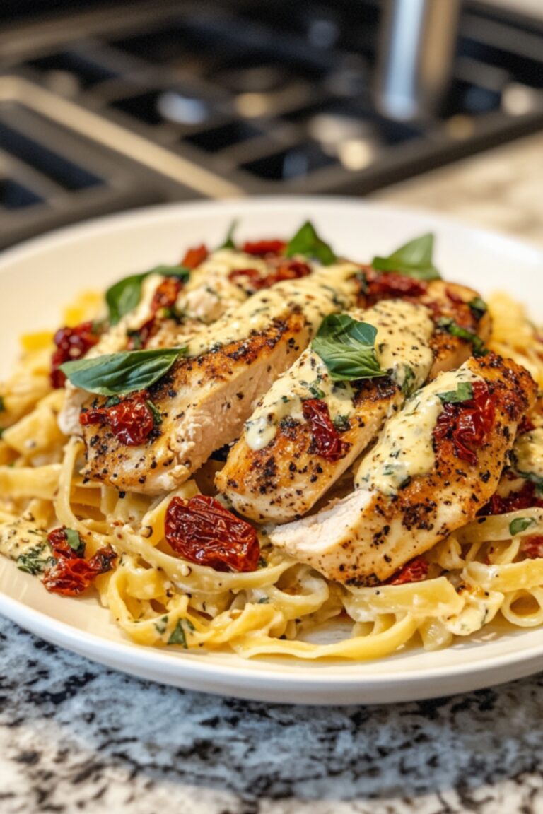 Grilled chicken breasts topped with creamy goat cheese sauce, sun-dried tomatoes, and fresh basil served over fettuccine pasta.