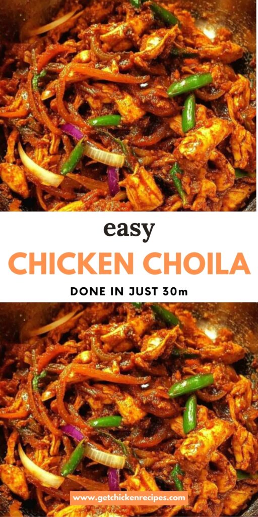 Chicken Choila Pinterest graphic showing spicy shredded chicken with green chilies and onions