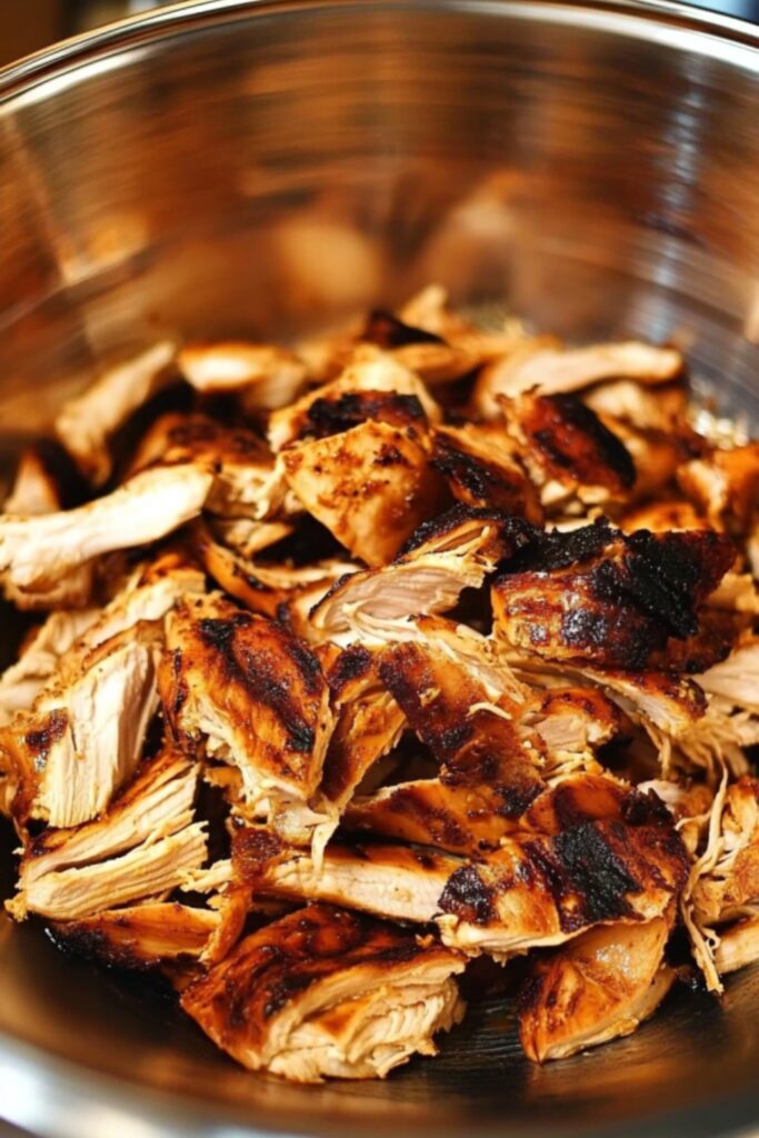 Grilled chicken breast pieces in a steel bowl ready for Chicken Choila preparation