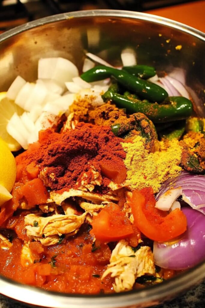 Bowl filled with chopped onions, green chilies, tomatoes, spices, and shredded chicken for Chicken Choila