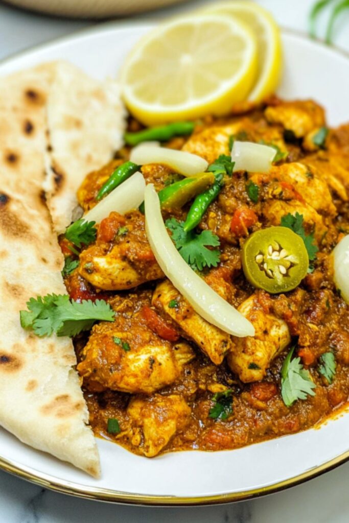 Plate of chicken karahi garnished with fresh cilantro, green chilies, lemon slices, and naan bread