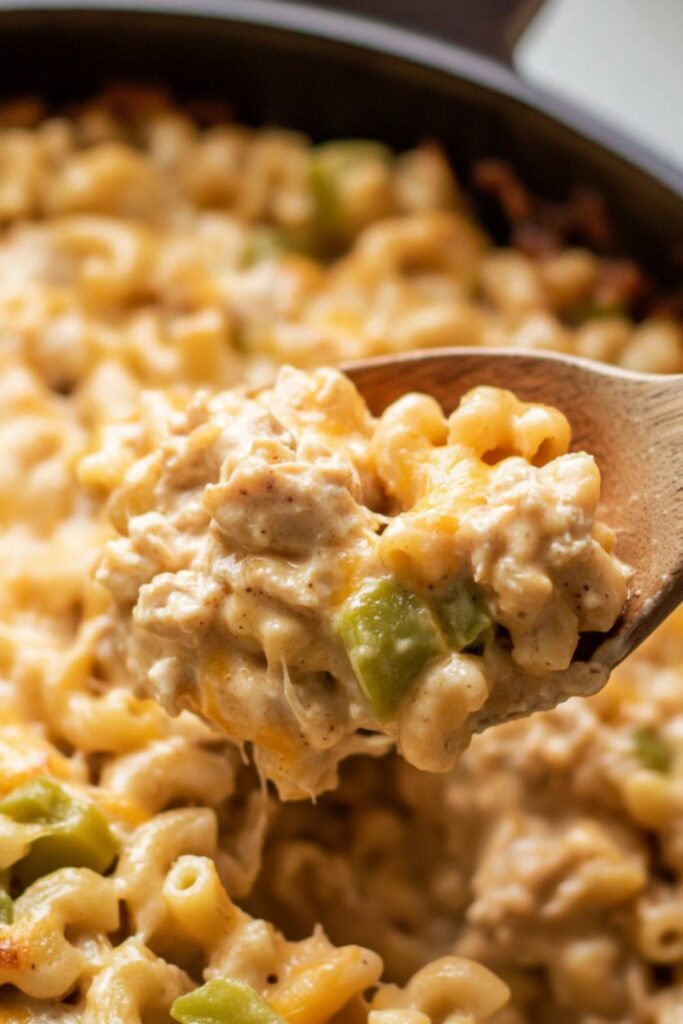 A wooden spoon scooping up a portion of cheesy chicken macaroni casserole from a black skillet.
