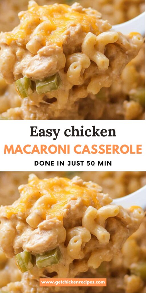 A close-up of a spoonful of cheesy chicken macaroni casserole with melted cheddar and diced green bell peppers.