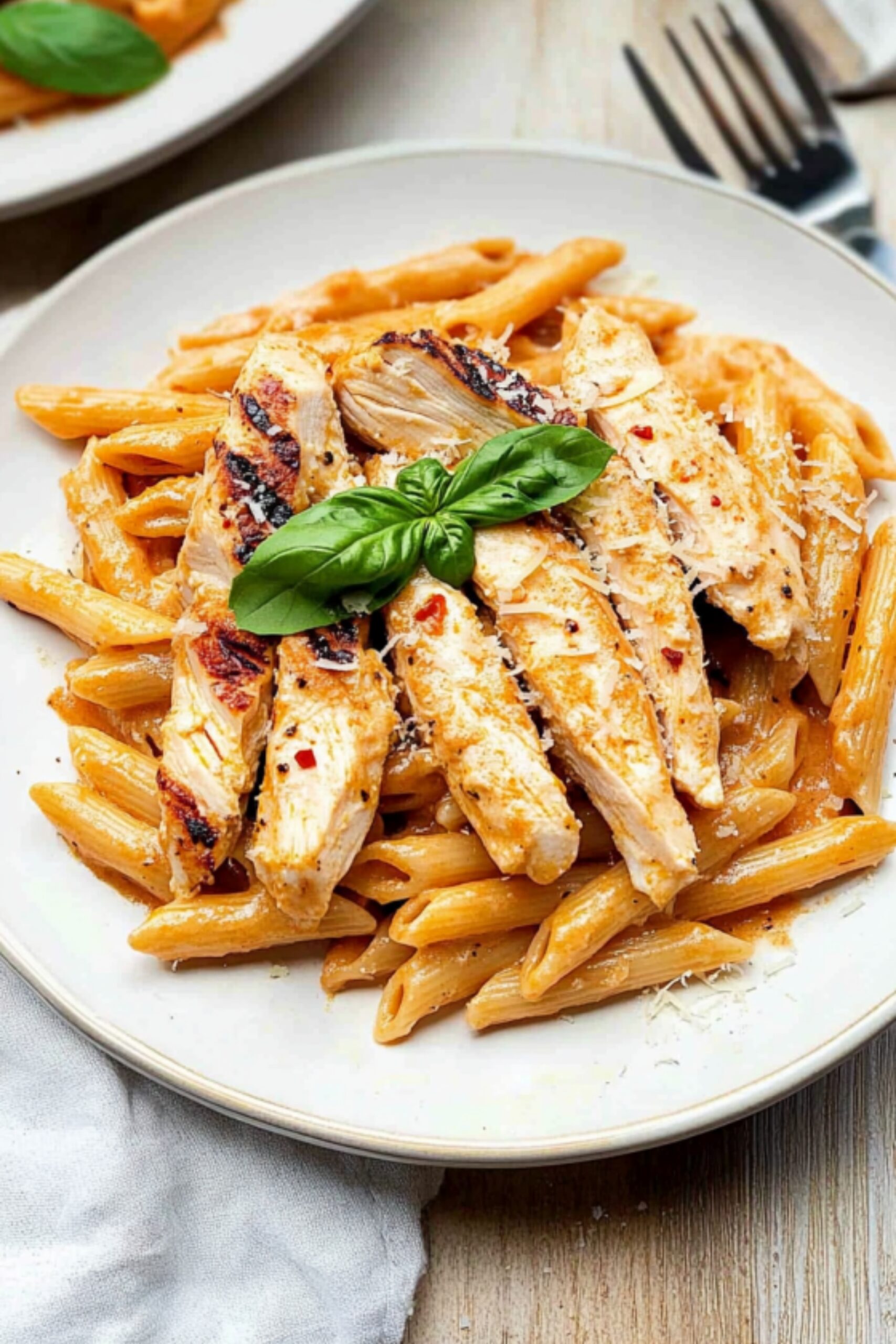 A plate of creamy penne vodka pasta with grilled chicken, garnished with basil and parmesan cheese.