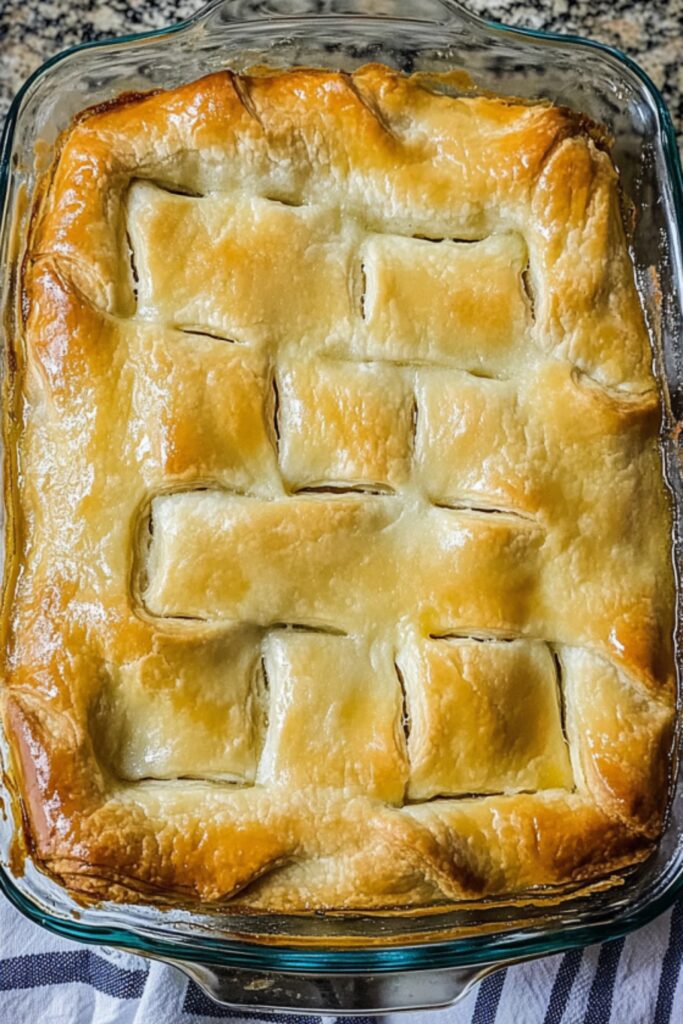 A baked chicken pot pie in a glass dish with a perfectly golden, flaky crescent roll crust.