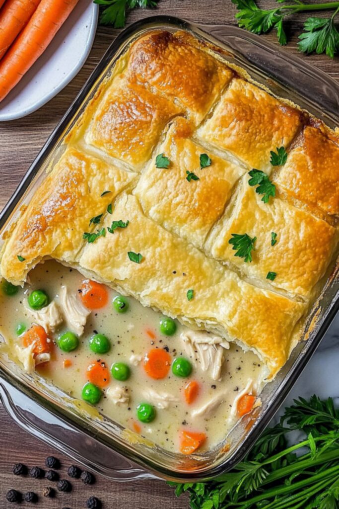 A freshly baked chicken pot pie with a golden-brown crescent roll crust, garnished with parsley, with a portion scooped out revealing a creamy filling of shredded chicken, peas, and carrots.